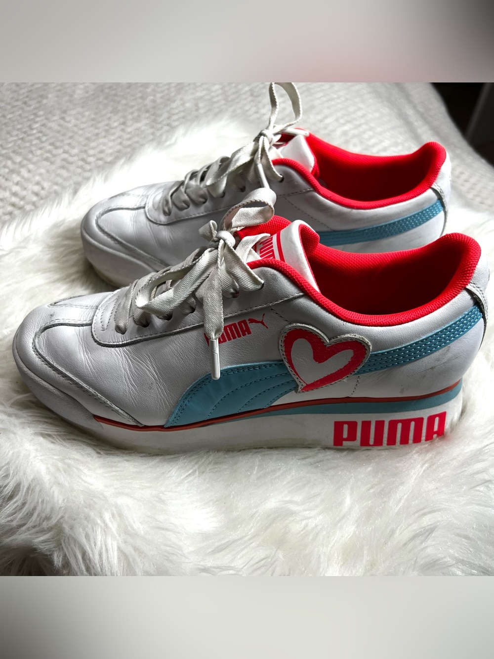 Puma Sneakers Shoes Tennis Shoes Platform Sneakers White/Coral/Blue Women’s 8.5